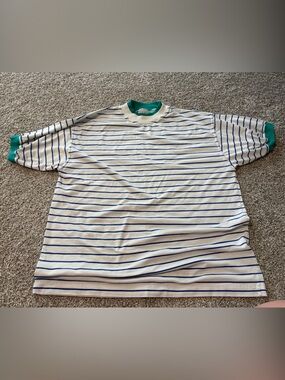 Color Packed 80s/90s Retro Striped Tee with Green Trim - Blue & White